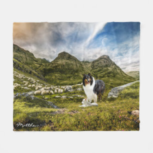 Tricolor Collie w. Lamb and Sheep - Personalised Fleece Blanket