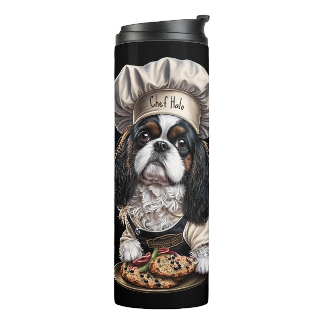 Tricolor Cooking Chef Cavalier Charles Spaniel Thermal Tumbler (Rotated Left)