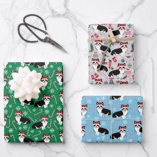 Tricolor Corgi Santa Hat Christmas 3 Coordinating Wrapping Paper Sheet