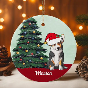 Tricolor Corgi Santa Hat Personalised Christmas Ceramic Tree Decoration