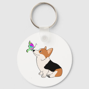 Tricolor Corgi with Butterfly Key Ring
