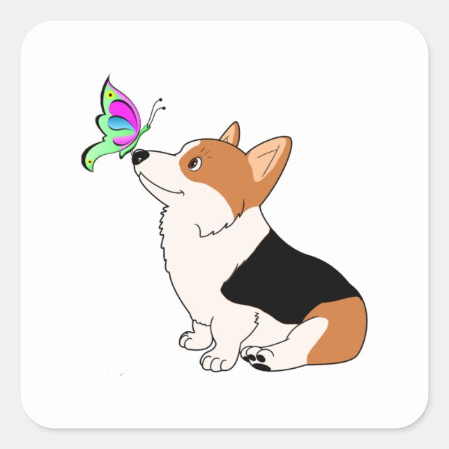 Tricolor Corgi with Butterfly Square Sticker (Front)