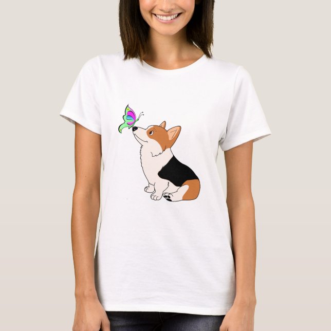 Tricolor Corgi with Butterfly T-Shirt (Front)