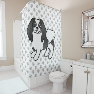 Tricolor Japanese Chin Cartoon Dog & Paws Shower Curtain