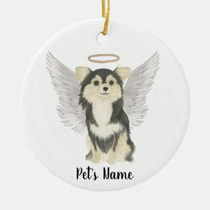 Tricolor Long Haired Chihuahua Sympathy Memorial Ceramic Tree Decoration