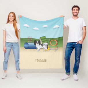 Tricolor Papillon Agility Dog With Custom Name Fleece Blanket