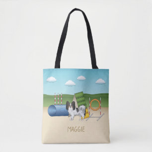 Tricolor Papillon Agility Dog With Custom Name Tote Bag