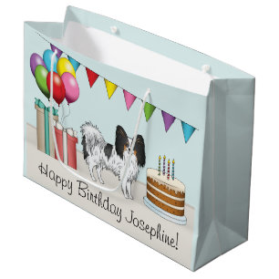 Tricolor Papillon Cartoon Dog Colourful Birthday Large Gift Bag