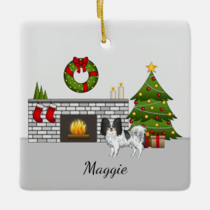 Tricolor Papillon Cartoon Dog In A Christmas Room Ceramic Ornament
