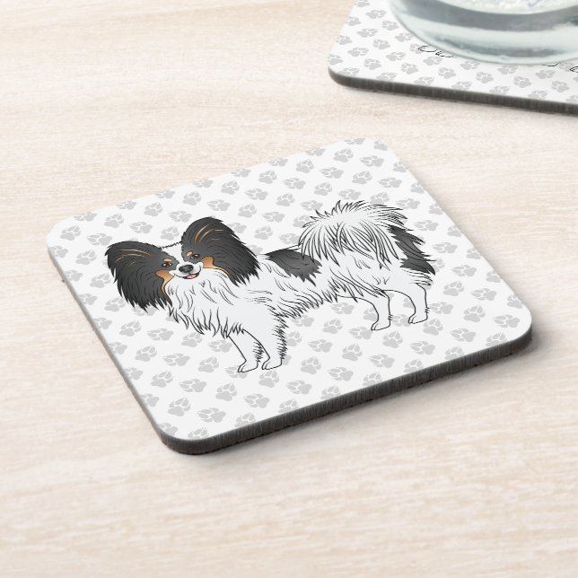 Tricolor Papillon Cartoon Dog On Grey Paw Pattern Coaster (Left Side)