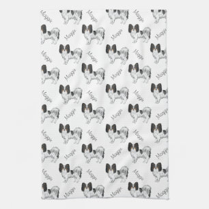 Tricolor Papillon Cartoon Dog Pattern With Name Tea Towel