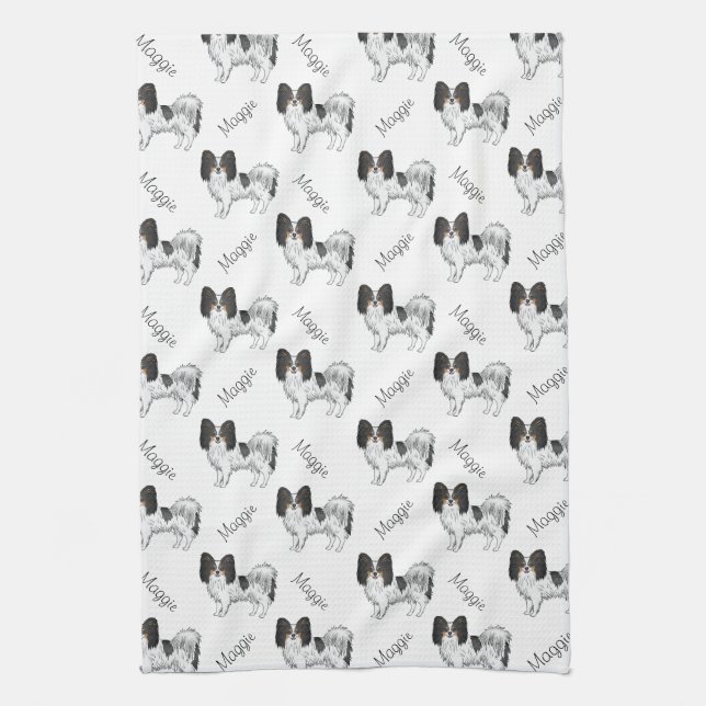 Tricolor Papillon Cartoon Dog Pattern With Name Tea Towel (Vertical)