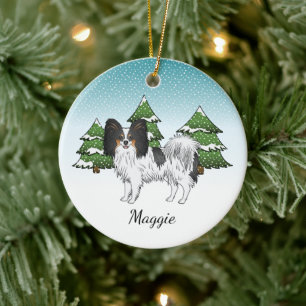 Tricolor Papillon Cute Dog In A Winter Forest Ceramic Tree Decoration