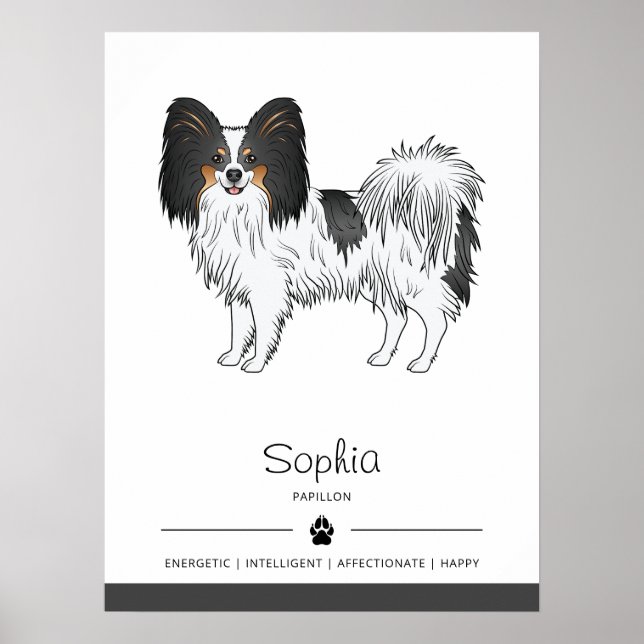 Tricolor Papillon Cute Happy Dog With Custom Text Poster (Front)