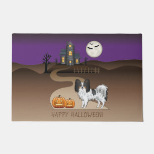 Tricolor Papillon Dog And Halloween Haunted House Doormat