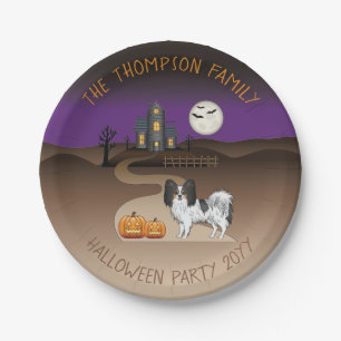 Tricolor Papillon Dog And Halloween Haunted House Paper Plate