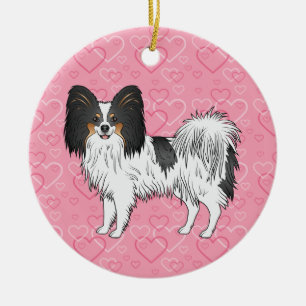 Tricolor Papillon Dog On Pink Hearts Pet Memorial Ceramic Tree Decoration
