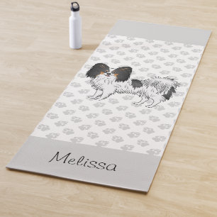 Tricolor Papillon Dog With Paws And Custom Name Yoga Mat
