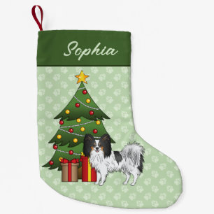 Tricolor Papillon Happy Dog By A Christmas Tree Small Christmas Stocking