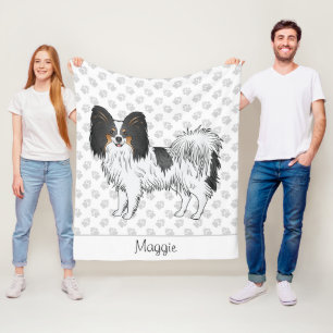 Tricolor Papillon Happy Dog With Paws And Name Fleece Blanket