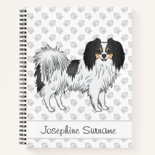Tricolor Phalène Cartoon Dog With Text And Paws Notebook