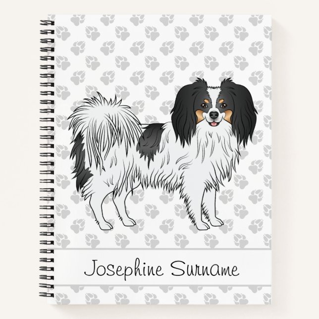Tricolor Phalène Cartoon Dog With Text And Paws Notebook (Front)
