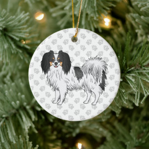 Tricolor Phalène Cute Cartoon Dog With Grey Paws Ceramic Tree Decoration