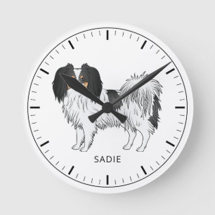 Tricolor Phalène Dog With Personalised Custom Text Round Clock