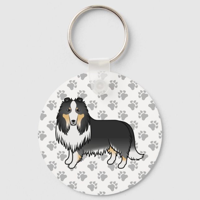 Tricolor Rough Collie Cute Cartoon Dog Key Ring (Front)