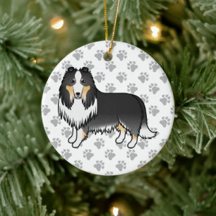 Tricolor Rough Collie Cute Cartoon Dog & Paws Ceramic Tree Decoration