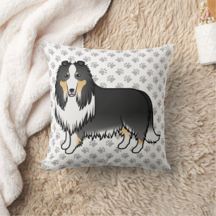 Tricolor Rough Collie Cute Cartoon Dog & Paws Cushion