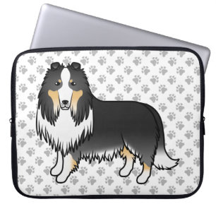 Tricolor Rough Collie Cute Cartoon Dog & Paws Laptop Sleeve