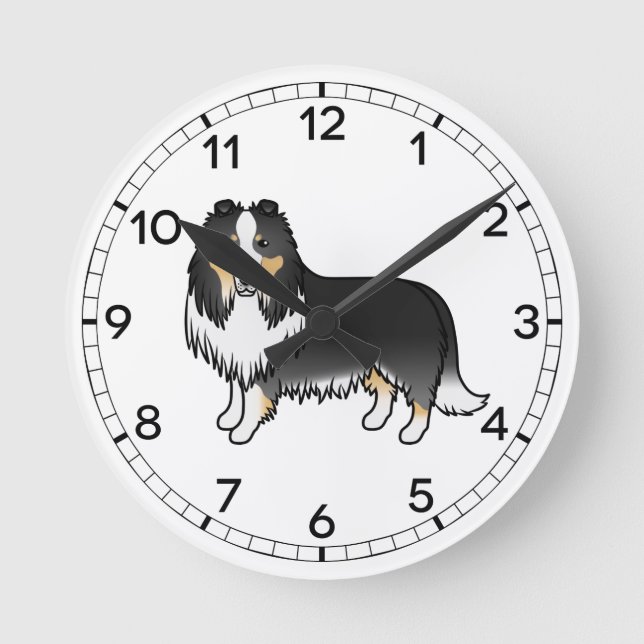 Tricolor Rough Collie Cute Cartoon Dog Round Clock (Front)