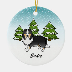 Tricolor Sheltie Cartoon Dog In Winter & Name Ceramic Tree Decoration