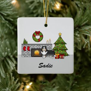 Tricolor Sheltie Dog In A Christmas Room & Name Ceramic Ornament