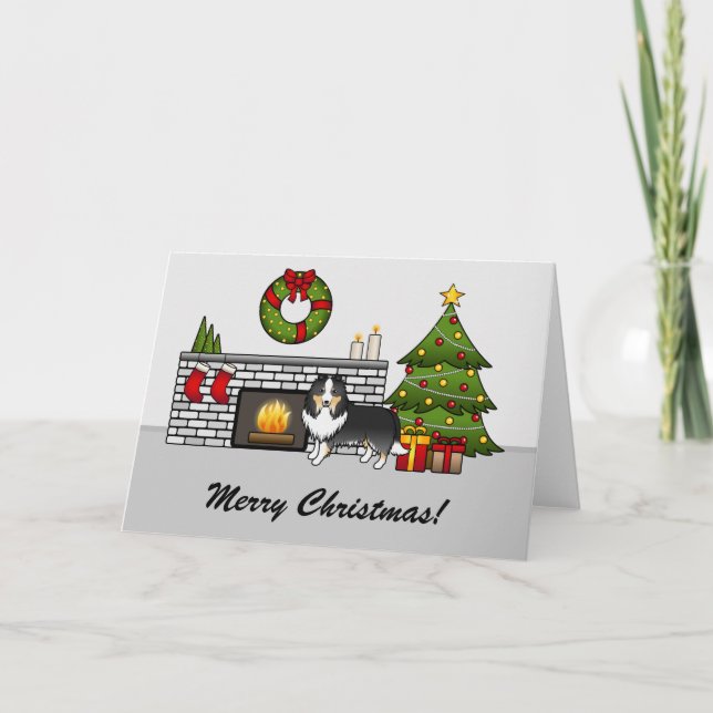 Tricolor Sheltie Dog In A Christmas Room & Text Card (Front)