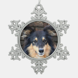 Tricolor Sheltie face Snowflake Pewter Christmas Ornament