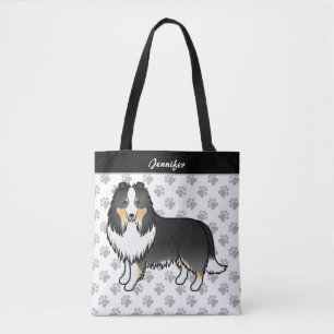 Tricolor Shetland Sheepdog Cartoon Dog & Name Tote Bag