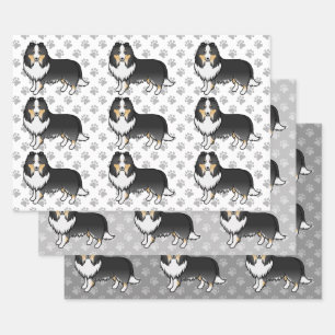 Tricolor Shetland Sheepdog Cartoon Dog Pattern Wrapping Paper Sheet
