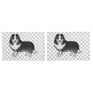Tricolor Shetland Sheepdog Cartoon Dog & Paws Pillowcase