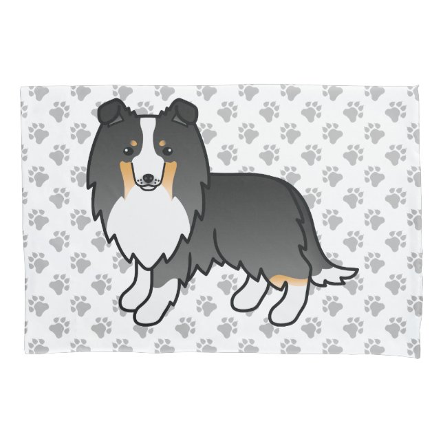 Tricolor Shetland Sheepdog Cartoon Dog & Paws Pillowcase (Front)