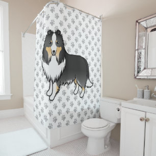 Tricolor Shetland Sheepdog Cartoon Dog & Paws Shower Curtain