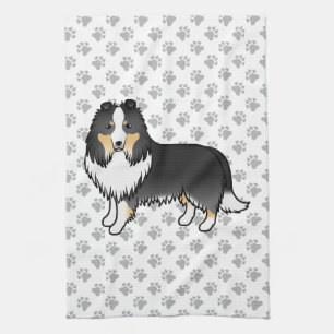 Tricolor Shetland Sheepdog Cartoon Dog & Paws Tea Towel