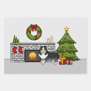 Tricolor Shetland Sheepdog Dog In A Christmas Room Wrapping Paper Sheet