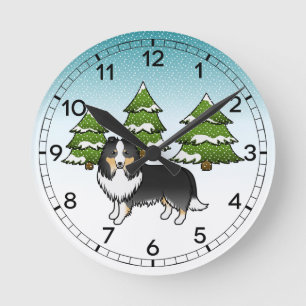 Tricolor Shetland Sheepdog In A Winter Forest Round Clock