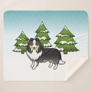 Tricolor Shetland Sheepdog In A Winter Forest Sherpa Blanket