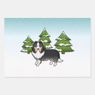 Tricolor Shetland Sheepdog In A Winter Forest Wrapping Paper Sheet