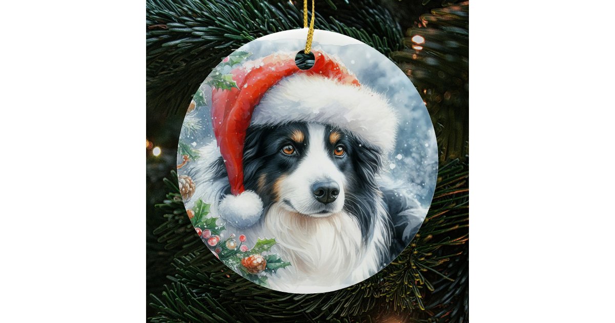 Tricolored Border Collie Santa Hat Christmas Ceramic Tree Decoration ...