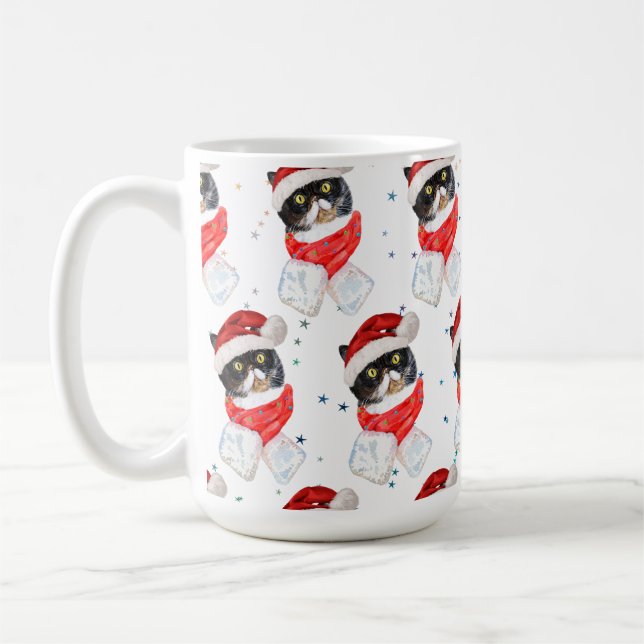 Tricolored Cat Christmas Watercolor with Scarf Coffee Mug (Left)