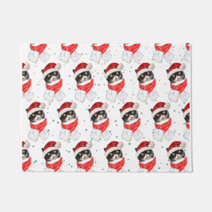 Tricolored Cat Christmas Watercolor with Scarf Doormat